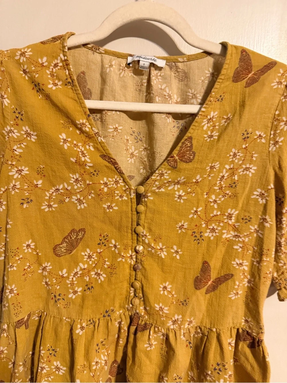 Madewell Mustard Butterfly Floral Peplum Top Size S Cottagecore Boho